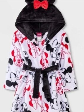 Girl's Minnie Mouse Hooded Fleece Robe - Black, White & Red Girls 2T/3T